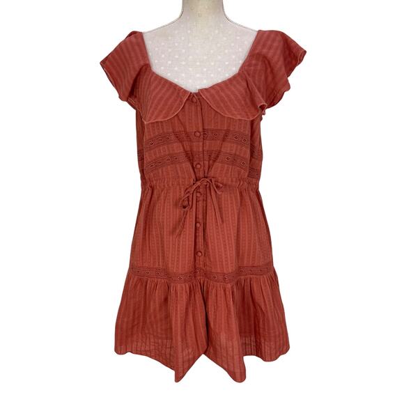 ASOS Peasant Dress 8 Rust Terracotta Eyelet Lace Cotton Ruffle A Line Mini - Picture 1 of 9